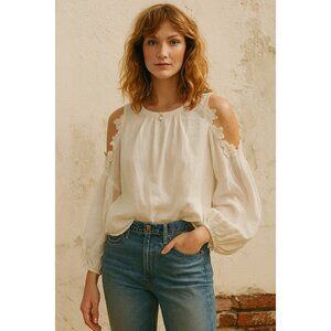 Anthropologie Eri + Ali Jemma Linen Blouse size XS cold shoulder floral accents